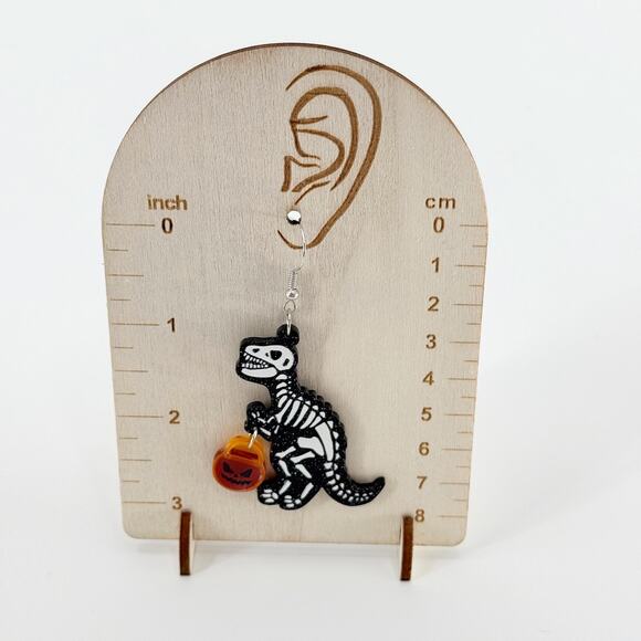 Skelton Trick Or Treat T-Rex Earrings, Halloween Earrings, Dino Earrings - Picture 3 of 4